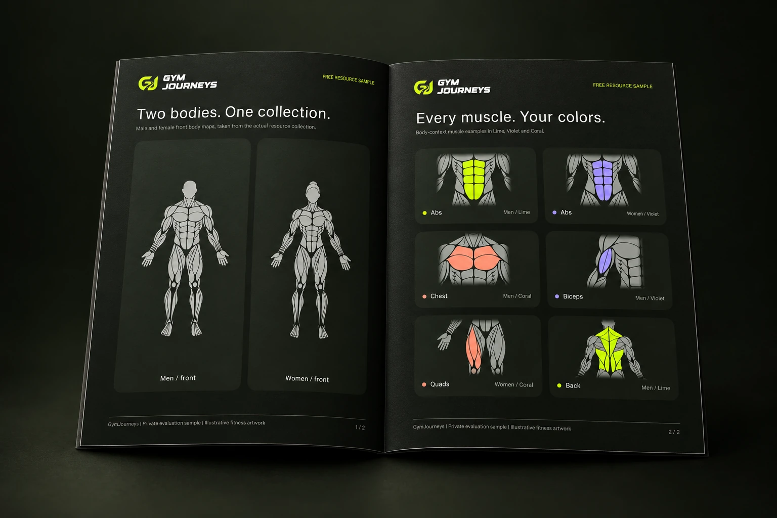 GymJourneys two-page PDF booklet with two body maps and colored muscle examples